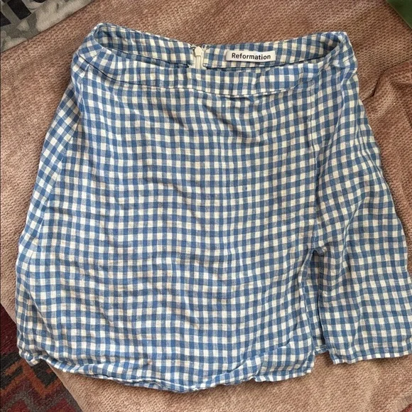 Reformation Baker linen skirt blue and white check size 2 - Picture 4 of 4